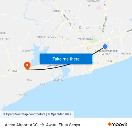 Accra Airport ACC to Awutu Efutu Senya map