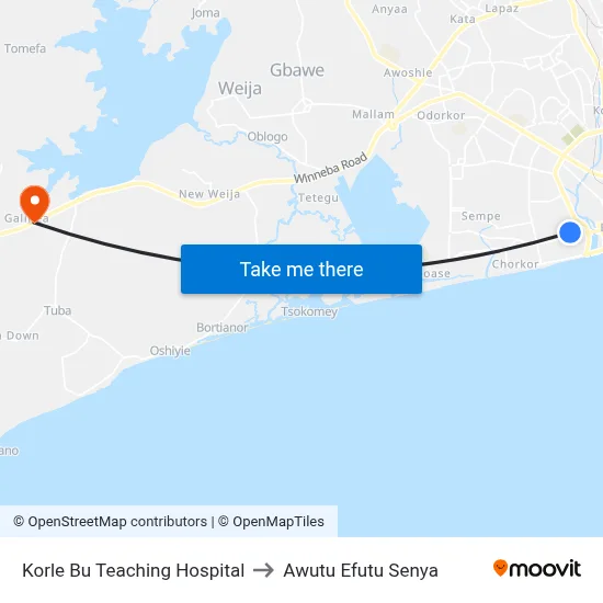 Korle Bu Teaching Hospital to Awutu Efutu Senya map