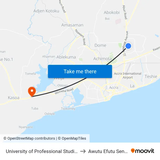 University of Professional Studies to Awutu Efutu Senya map