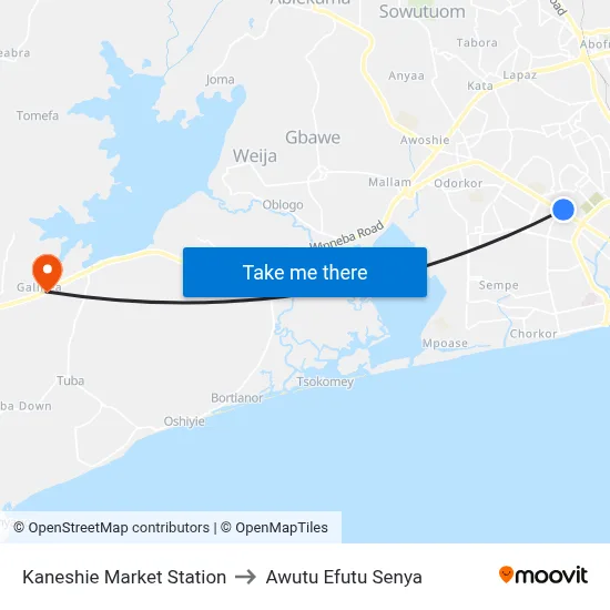 Kaneshie Market Station to Awutu Efutu Senya map