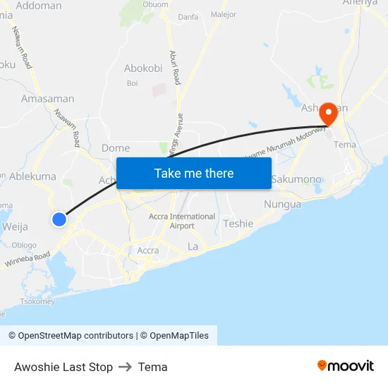 Awoshie Last Stop to Tema map