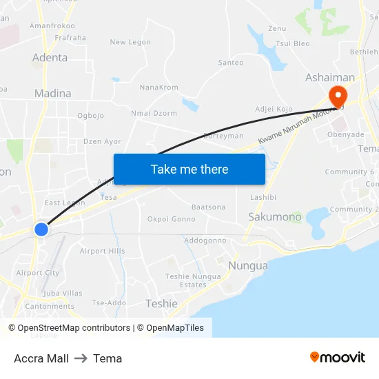 Accra Mall to Tema map