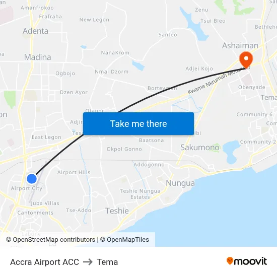 Accra Airport ACC to Tema map