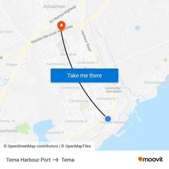 Tema Harbour Port to Tema map