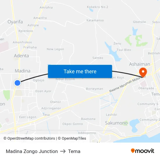 Madina Zongo Junction to Tema map