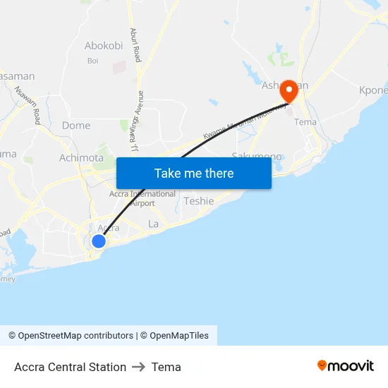 Accra Central Station to Tema map