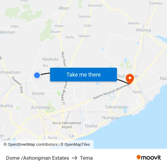 Dome /Ashongman Estates to Tema map