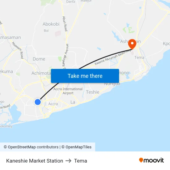 Kaneshie Market Station to Tema map