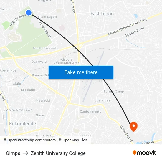 Gimpa to Zenith University College map
