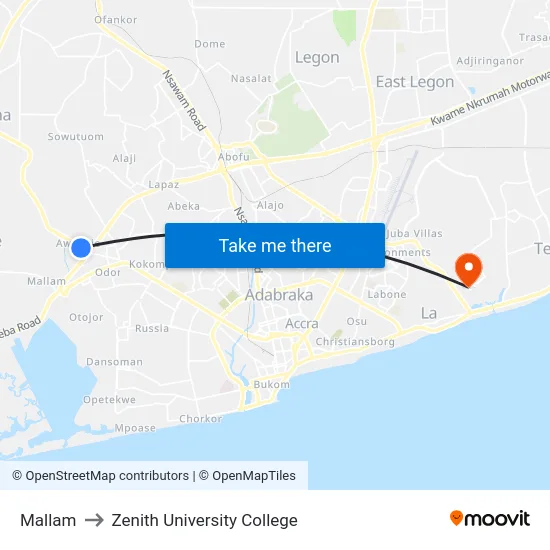 Mallam to Zenith University College map