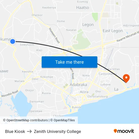Blue Kiosk to Zenith University College map