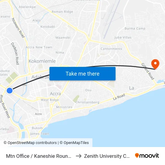 Mtn Office / Kaneshie Roundabout to Zenith University College map