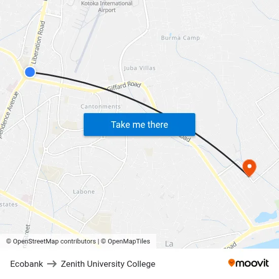 Ecobank to Zenith University College map