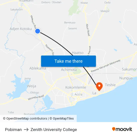 Pobiman to Zenith University College map