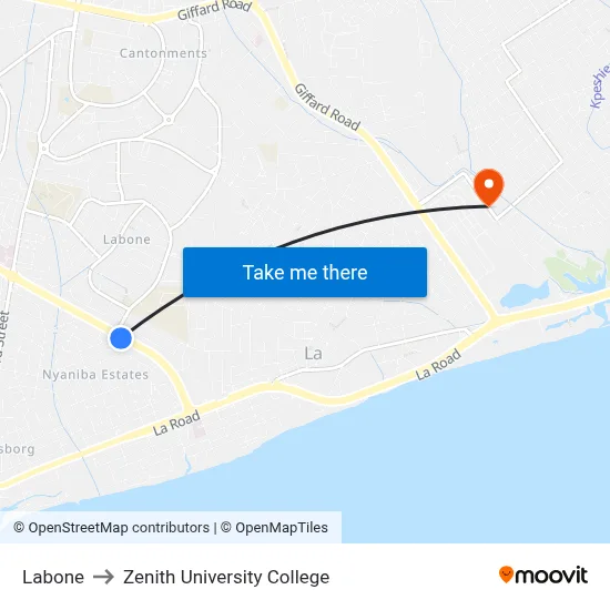 Labone to Zenith University College map