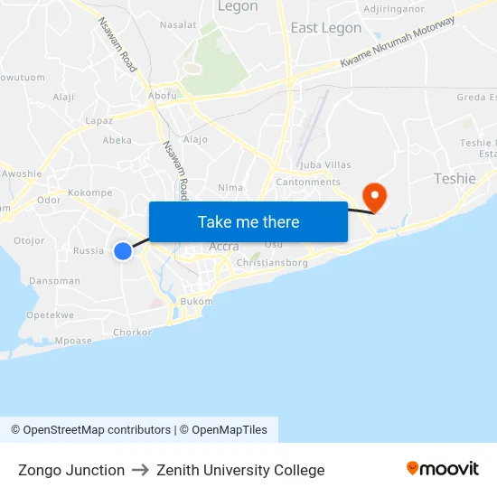 Zongo Junction to Zenith University College map
