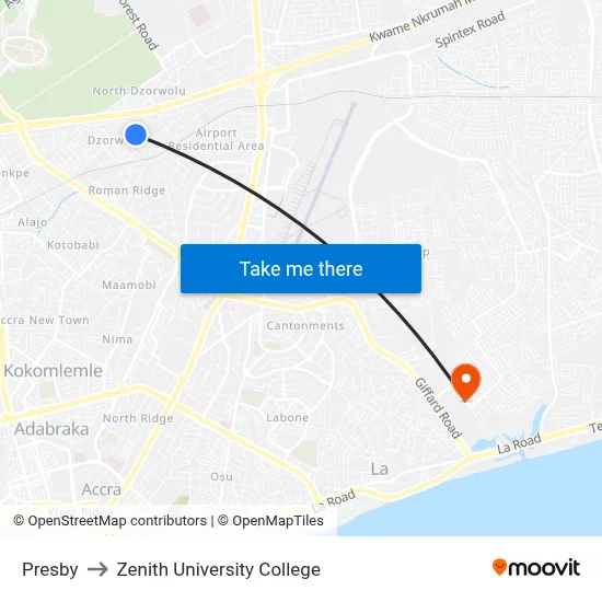 Presby to Zenith University College map