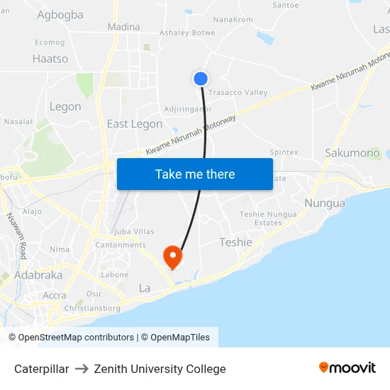 Caterpillar to Zenith University College map