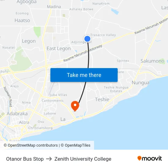 Otanor Bus Stop to Zenith University College map