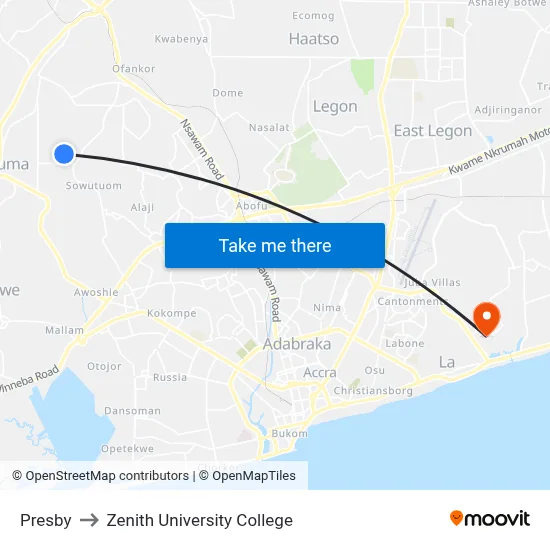 Presby to Zenith University College map