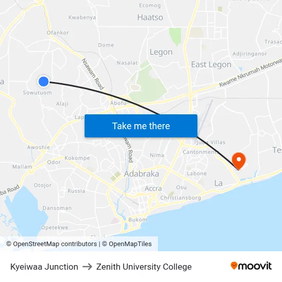 Kyeiwaa Junction to Zenith University College map
