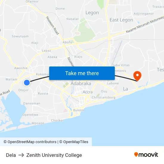 Dela to Zenith University College map