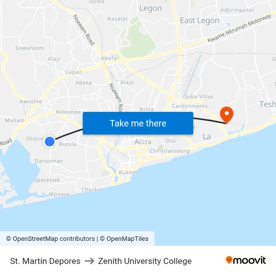 St. Martin Depores to Zenith University College map