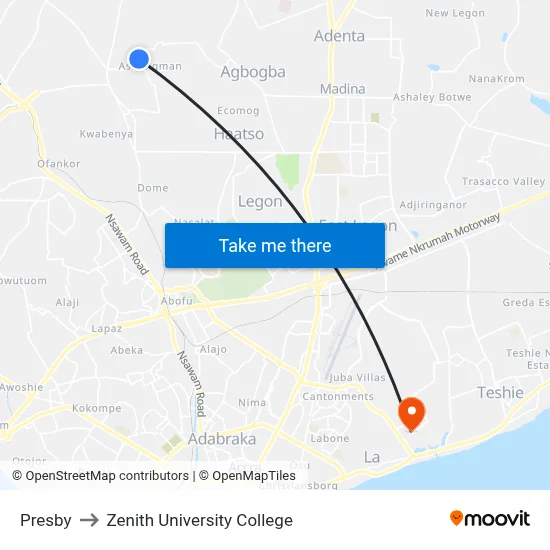 Presby to Zenith University College map