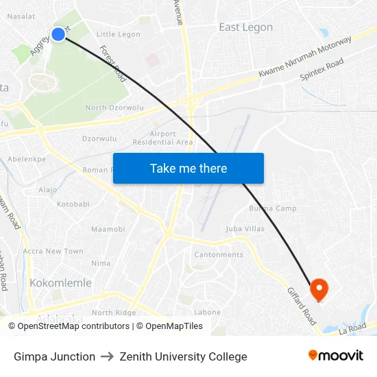 Gimpa Junction to Zenith University College map