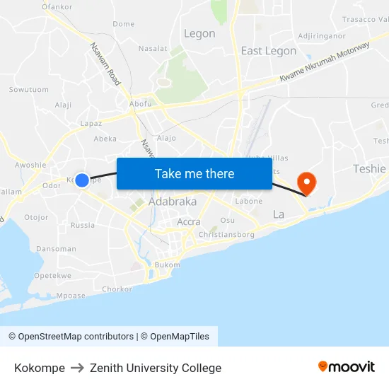 Kokompe to Zenith University College map