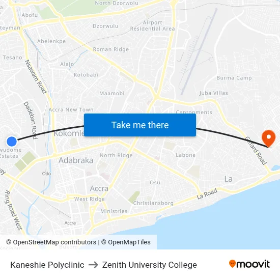 Kaneshie Polyclinic to Zenith University College map