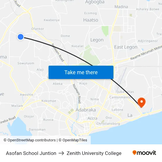 Asofan School Juntion to Zenith University College map