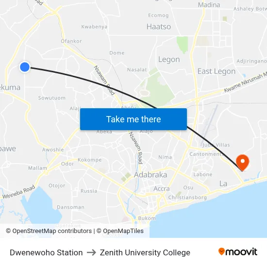 Dwenewoho Station to Zenith University College map