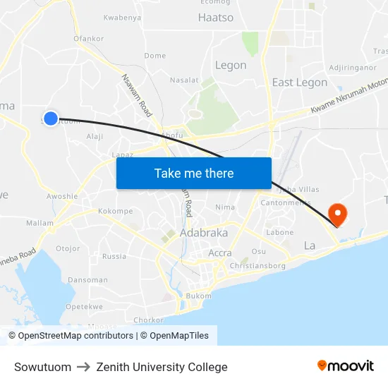 Sowutuom to Zenith University College map