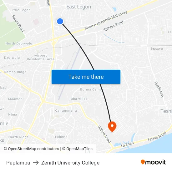 Puplampu to Zenith University College map