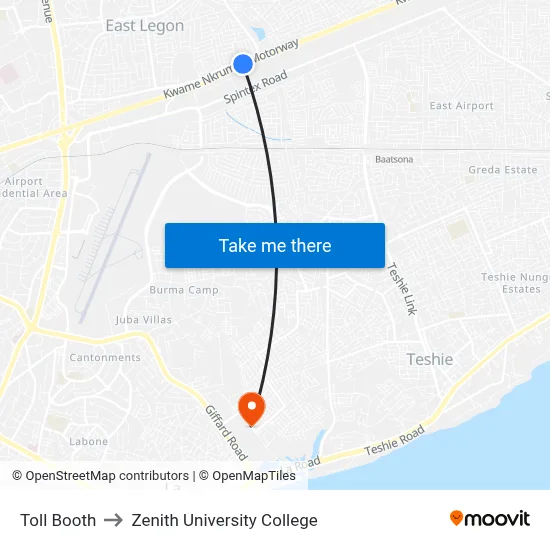 Toll Booth to Zenith University College map