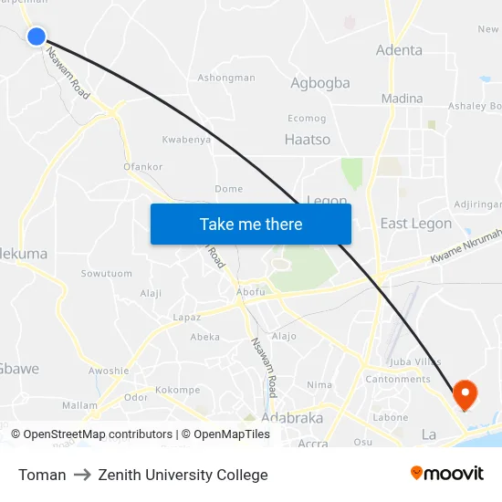 Toman to Zenith University College map