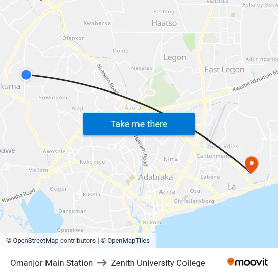 Omanjor Main Station to Zenith University College map