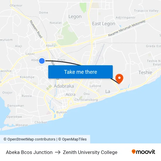 Abeka Bcos Junction to Zenith University College map