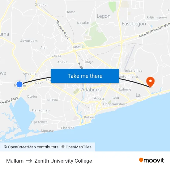 Mallam to Zenith University College map