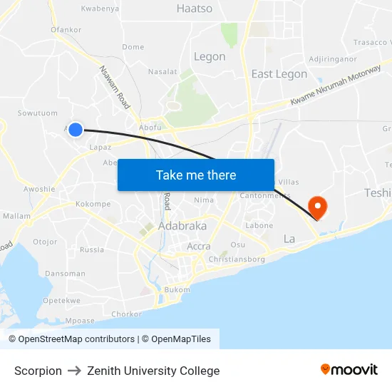 Scorpion to Zenith University College map