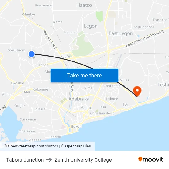 Tabora Junction to Zenith University College map