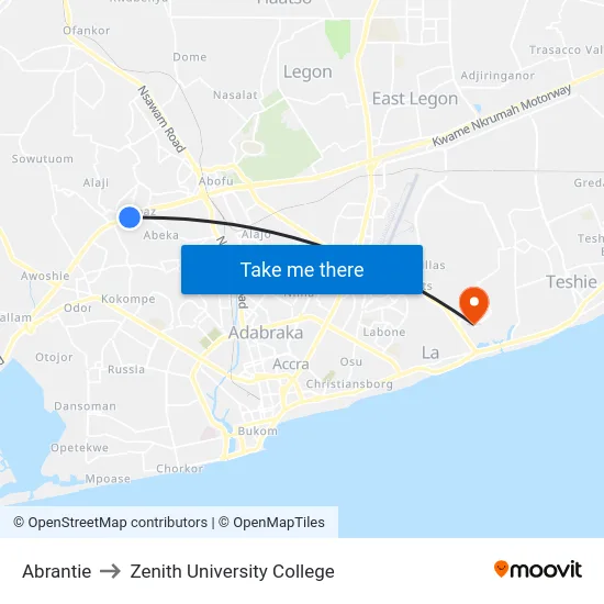 Abrantie to Zenith University College map