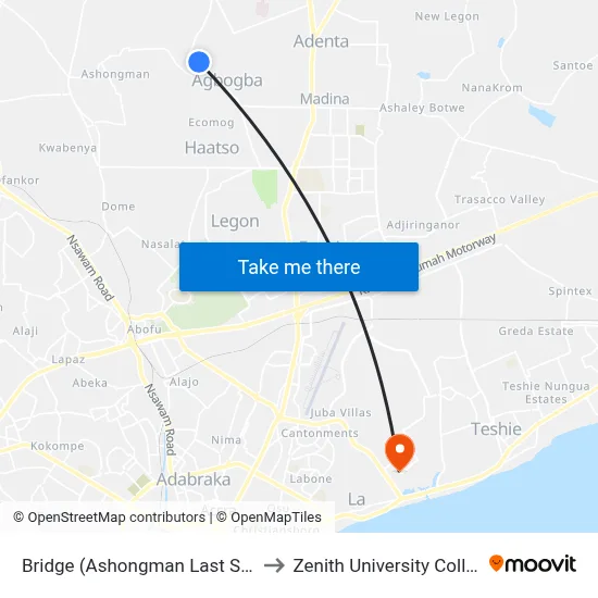 Bridge (Ashongman Last Stop) to Zenith University College map