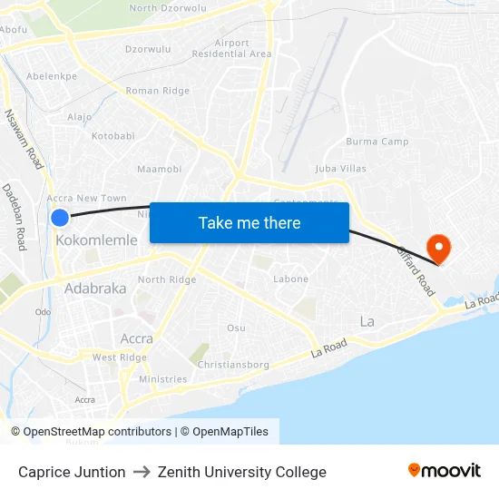 Caprice Juntion to Zenith University College map