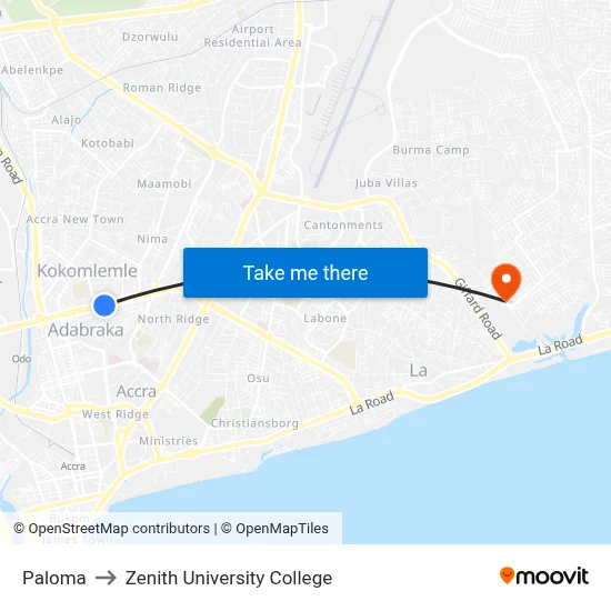 Paloma to Zenith University College map