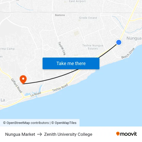 Nungua Market to Zenith University College map