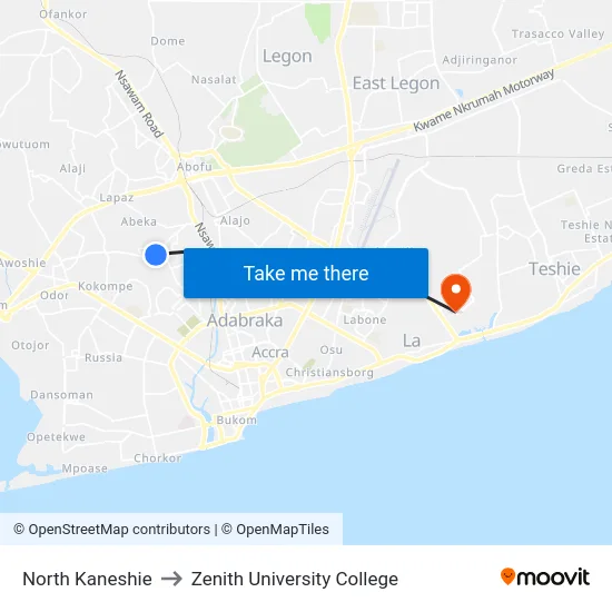 North Kaneshie to Zenith University College map
