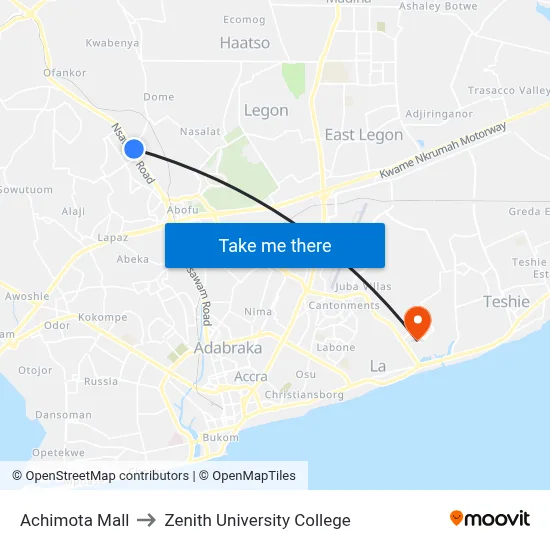 Achimota Mall to Zenith University College map
