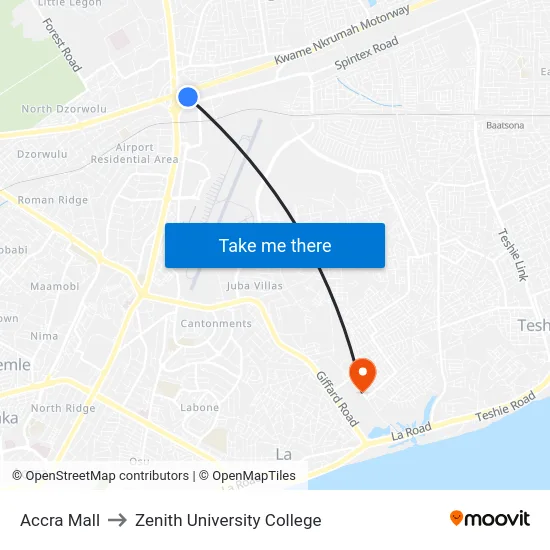 Accra Mall to Zenith University College map